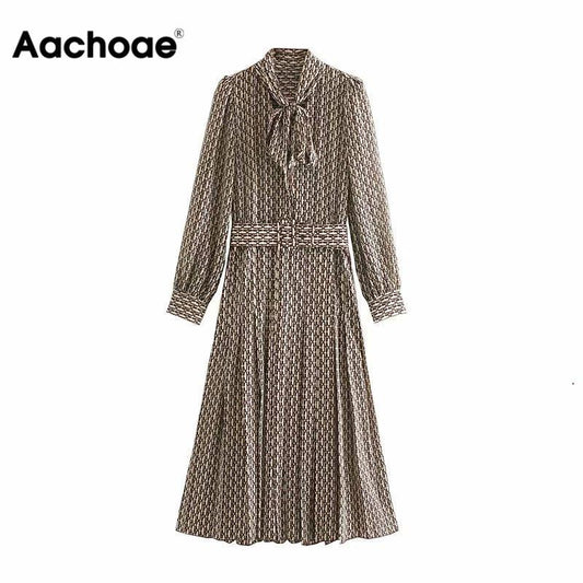 Aachoae Women Elegant Long Dress with Belt Chain Print Bow Tie Neck Office Lady Shirt Dress Long Sleeve Pleated Dress Vestidos