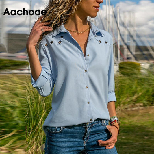 Aachoae Women Tops Blouses Spring Pure Long Sleeve Blouse Shirt Turn Down Collar Chiffon Blouse Office Shirts Blusas Camisa