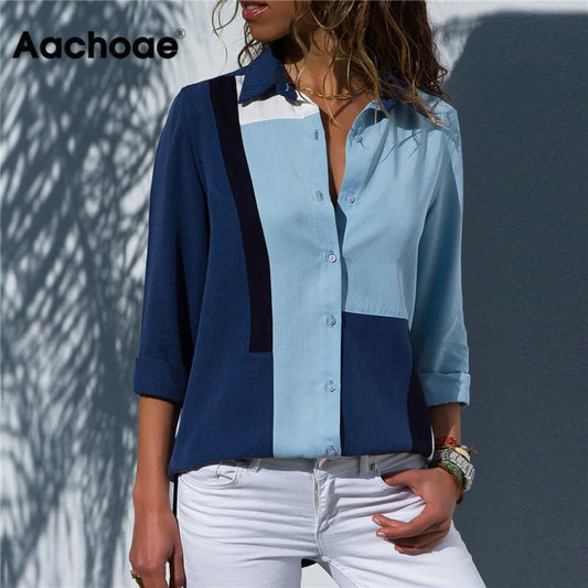 Aachoae Women Blouses Fashion Long Sleeve Turn Down Collar Office Shirt Blouse Shirt Casual Tops Plus Size Blusas Femininas