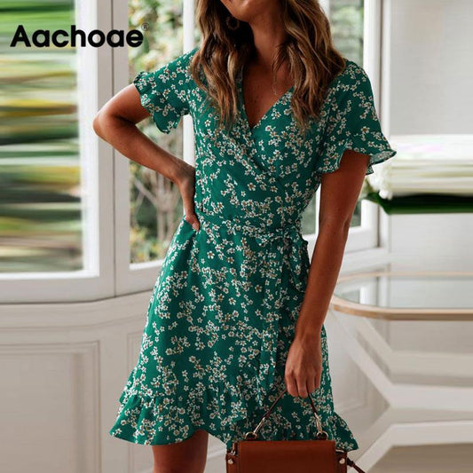 Aachoae Women Summer Sexy V Neck Floral Print Boho Beach Dress