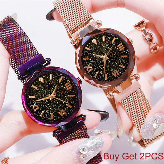 2PCS Set Magnetic Starry Sky Ladies Wrist Watch's by  Reloj Mujer Relogio Feminino